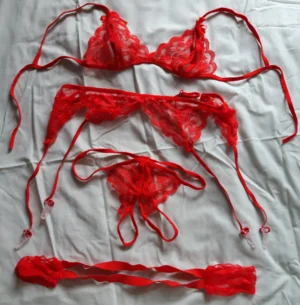 ensemble string fendu, soutien gorge, porte jarretelle, menottes