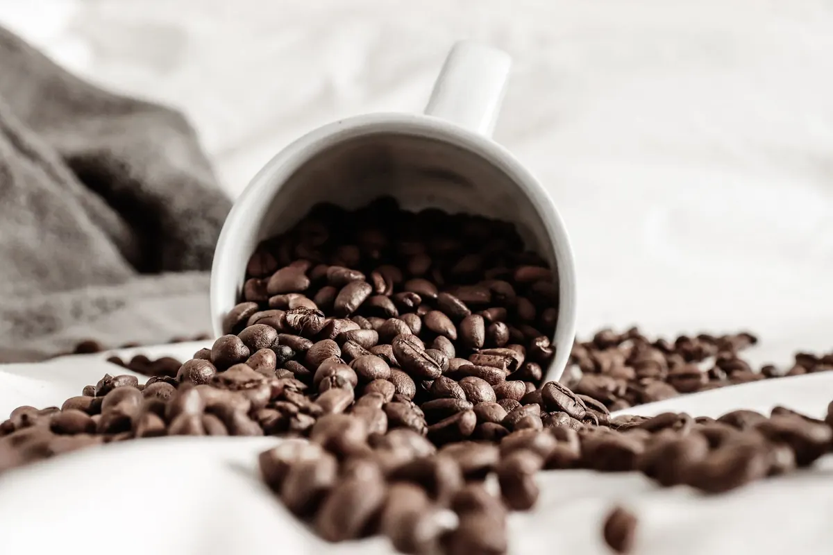 Tasse renversée de grains de café, en illustration de « accepter son odeur corporelle »