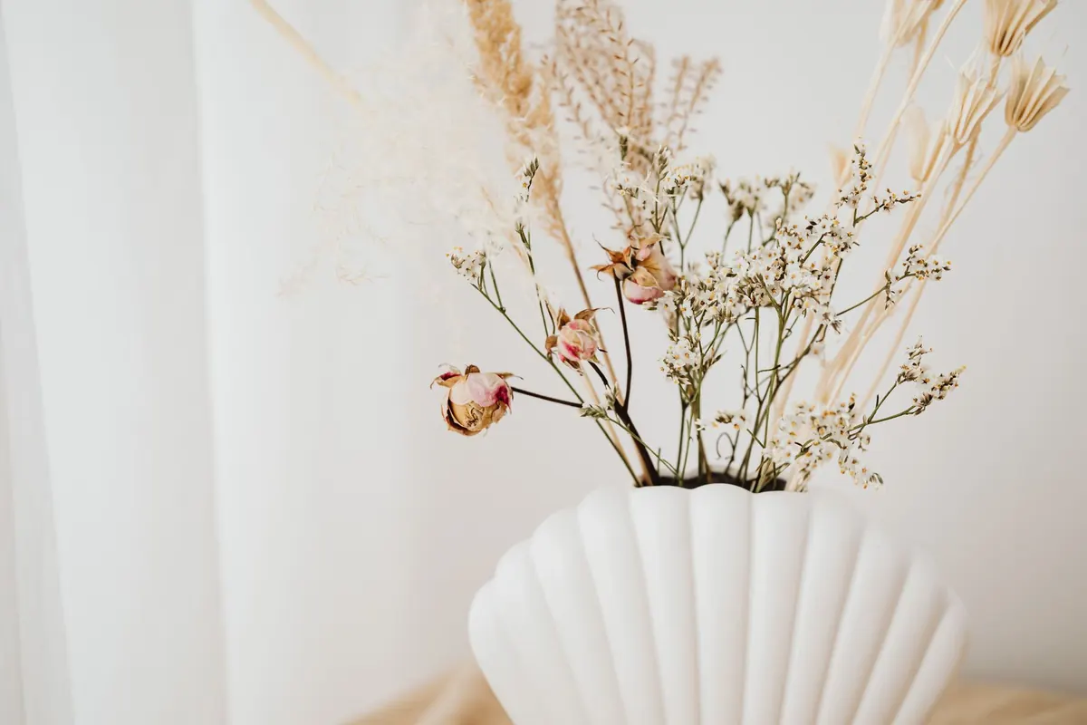 Vase coquillage et fleurs séchées, image d'illustration : mauvaise expérience avec une vendeuse