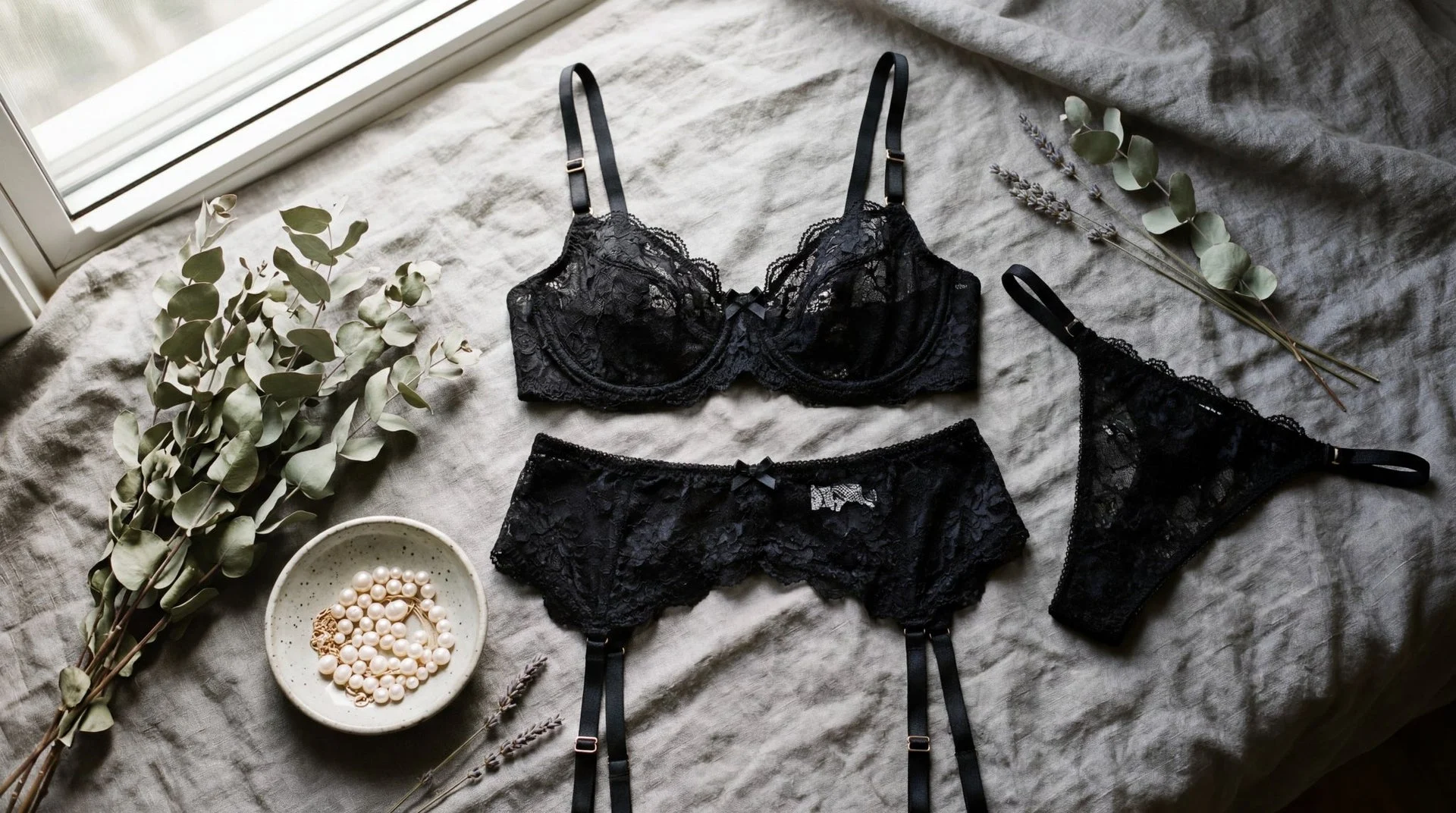Soutien-gorge, body et nuisette en lingerie portée disposés sur un tissu clair